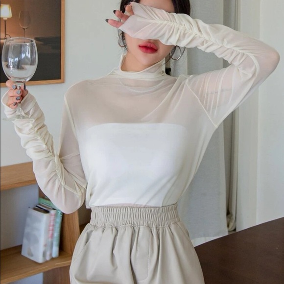 Beige Cowl Neck Mesh Long Sleeve Top Sz XL (6) - Picture 7 of 10